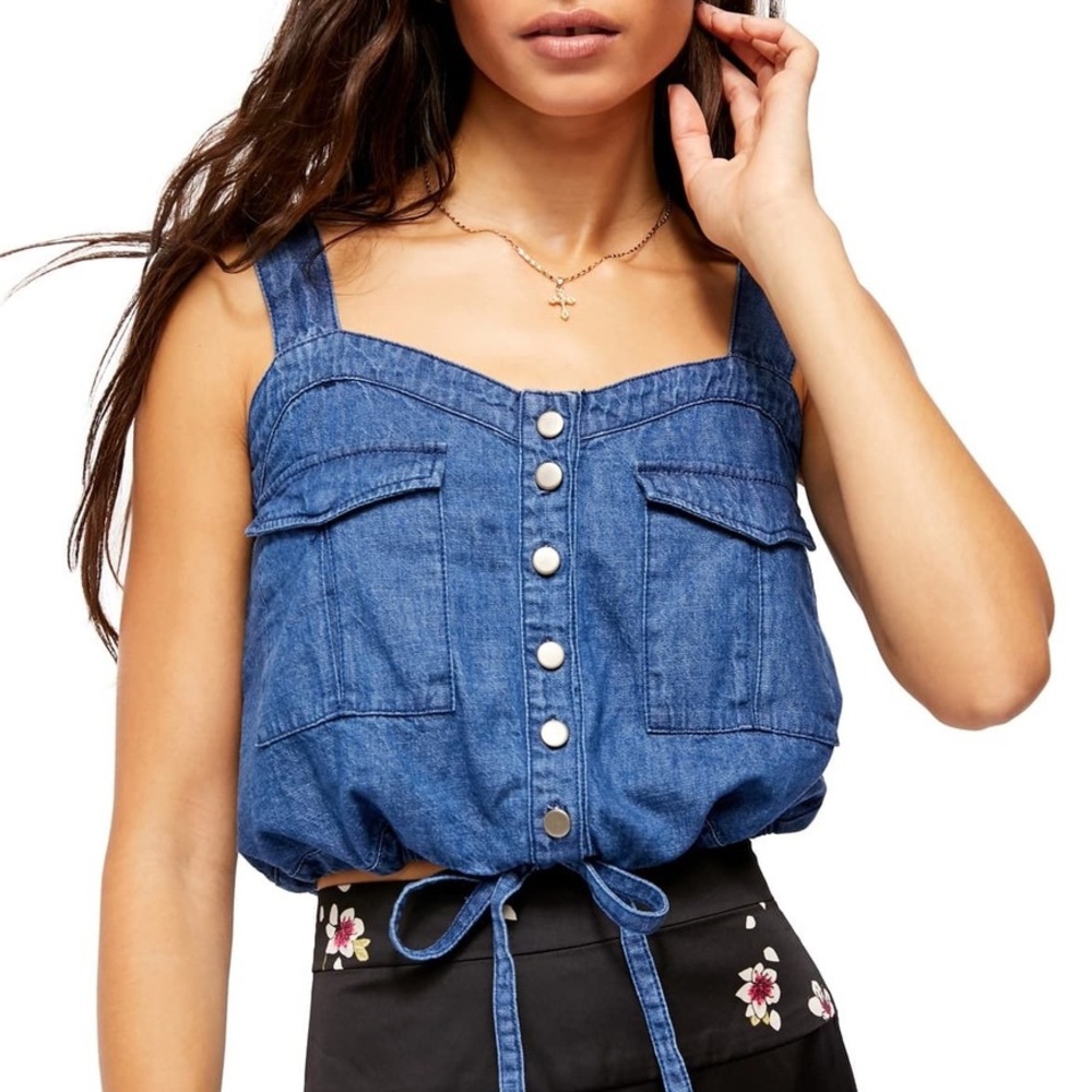 Free People Blue Denim Button-Front Crop Tank